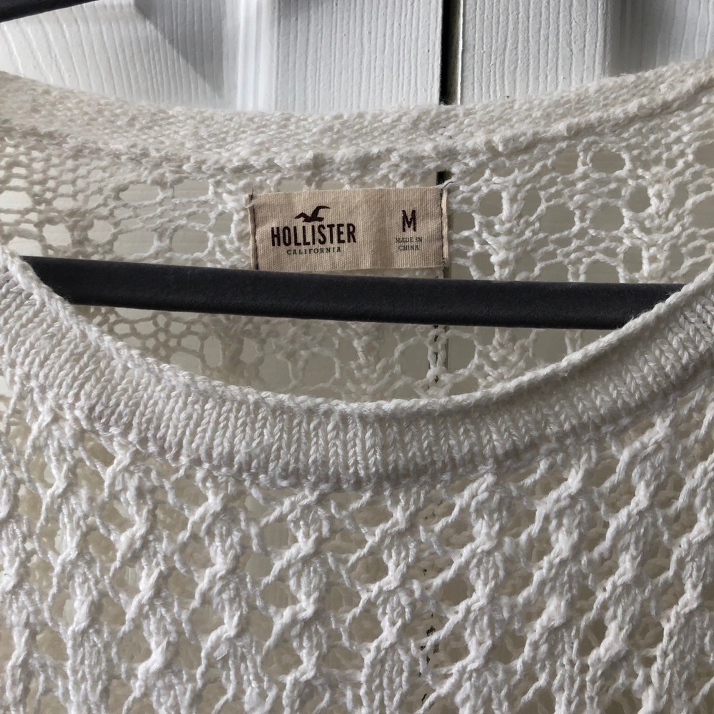 Hollister Womens Cream White Open Knit Crochet Sweater Long Sleeve Size M - Picture 3 of 9